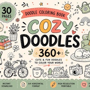 Puede incluir: Un libro de colorear digital titulado Cozy Doodles con más de 360 ilustraciones. El gráfico presenta una colección de elementos dibujados a mano que incluyen una bicicleta, libros, un gato, una cámara, zapatillas, una casa y plantas.