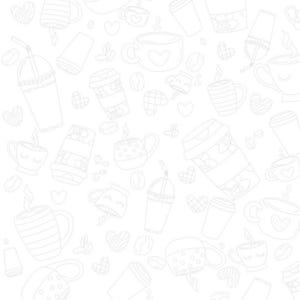 May include: A white background with a repeating pattern of coffee cups, to-go cups, hearts, and coffee beans. The cups have various designs, including polka dots, stripes, and heart shapes. Some cups have steam rising from them.