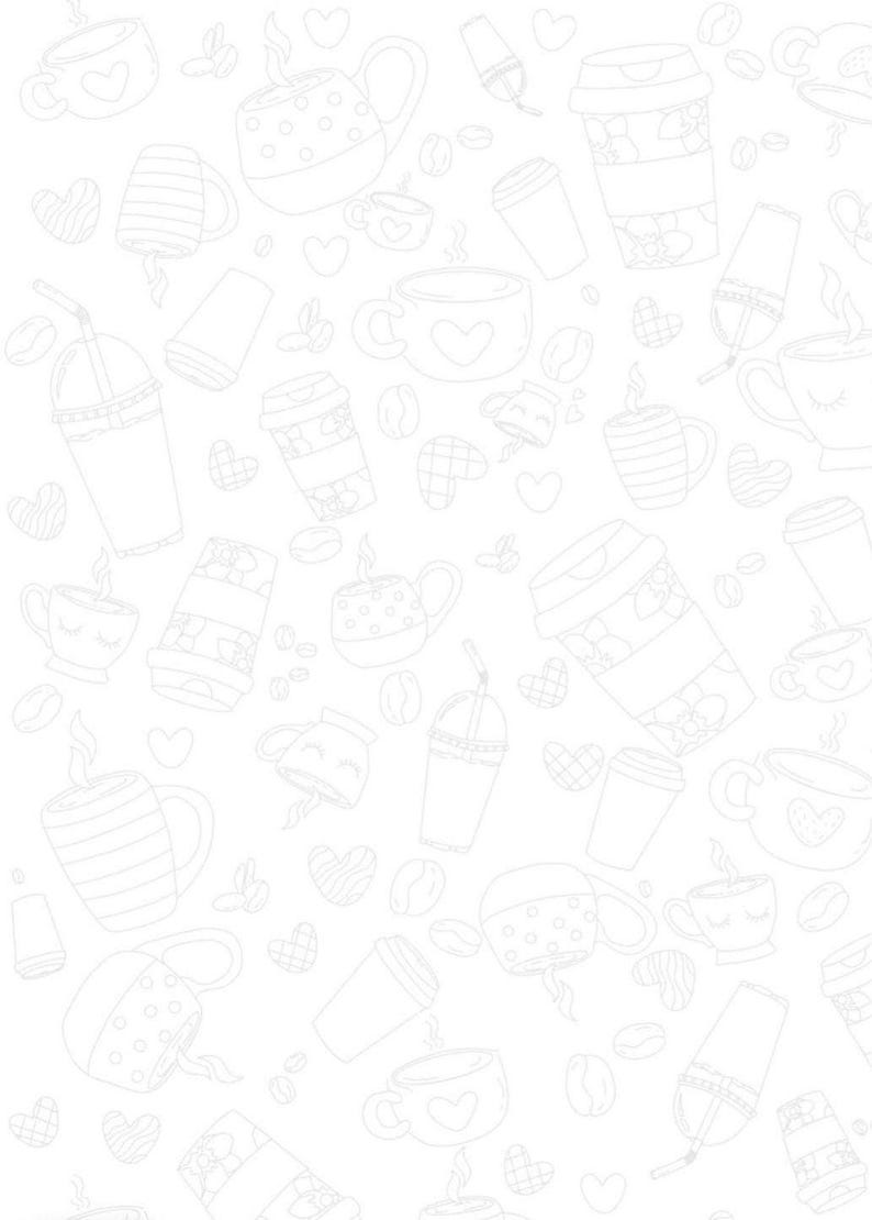 May include: A white background with a repeating pattern of coffee cups, to-go cups, hearts, and coffee beans. The cups have various designs, including polka dots, stripes, and heart shapes. Some cups have steam rising from them.