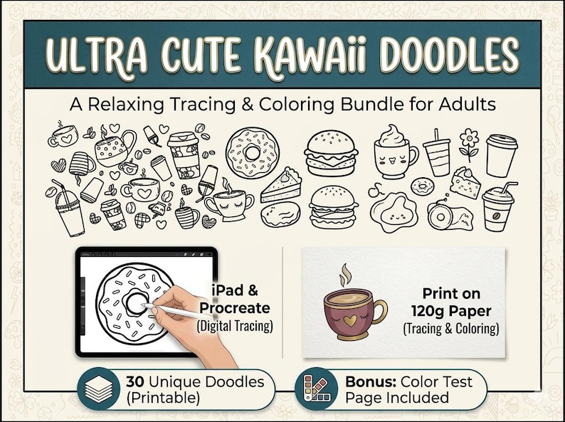May include: An illustration for a coloring book titled "ULTRA CUTE KAWAII DOODLES". The image features various food and drink doodles, including coffee cups, donuts, and burgers. The bundle includes digital tracing on an iPad and printable doodles on 120g paper.