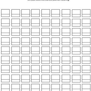 May include: A black and white color test page with the text "COLOR TEST PAGE" at the top. Below the text are 72 empty squares for color testing. The text "Test your colors here before you start coloring!" is below the title.