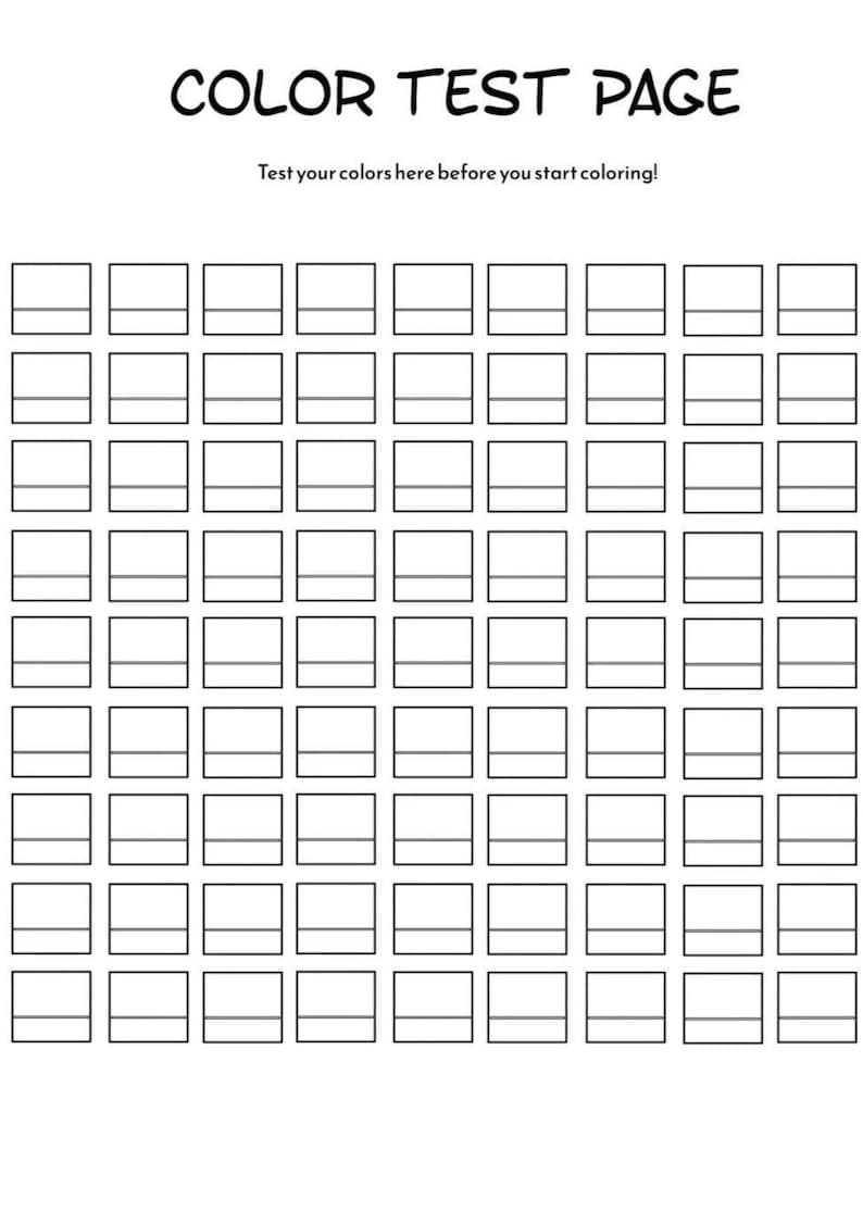 May include: A black and white color test page with the text "COLOR TEST PAGE" at the top. Below the text are 72 empty squares for color testing. The text "Test your colors here before you start coloring!" is below the title.