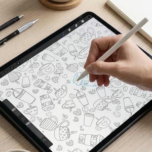 May include: A digital illustration of coffee-themed doodles is being created on a tablet with a stylus. Two mugs of coffee and a notepad are on the light-colored wooden surface.