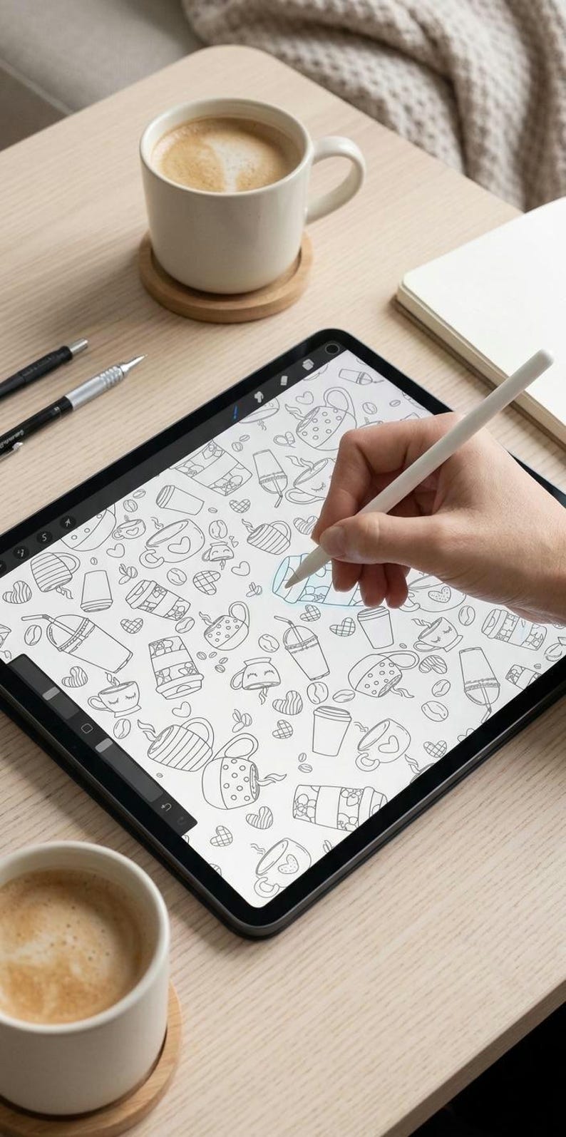 May include: A digital illustration of coffee-themed doodles is being created on a tablet with a stylus. Two mugs of coffee and a notepad are on the light-colored wooden surface.
