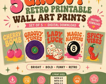 5 Groovy Retro Wall Art Prints | Funky Colorful Printable Posters | Digital Download