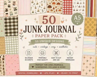 50 Junk Journal Papers, Vintage A5 Printable Paper Pack, Digital Scrapbook Pages