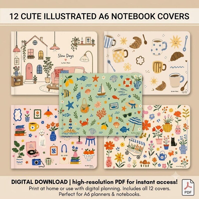 12 Cute Cozy A6 Notebook Covers Bundle | Printable Journal Covers ...
