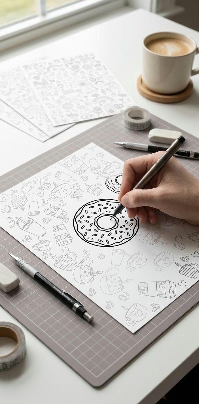 May include: A person's hand drawing a donut illustration with a pen on a white paper. The paper is covered with coffee and donut doodles. A cup of coffee, pencils, and tape are on the table.