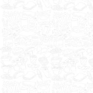 May include: A white line art pattern featuring various fast food items. The design includes burgers, fries, pizza slices, hot dogs, tacos, sandwiches, popcorn, and drinks. The overall theme is a food-related design.