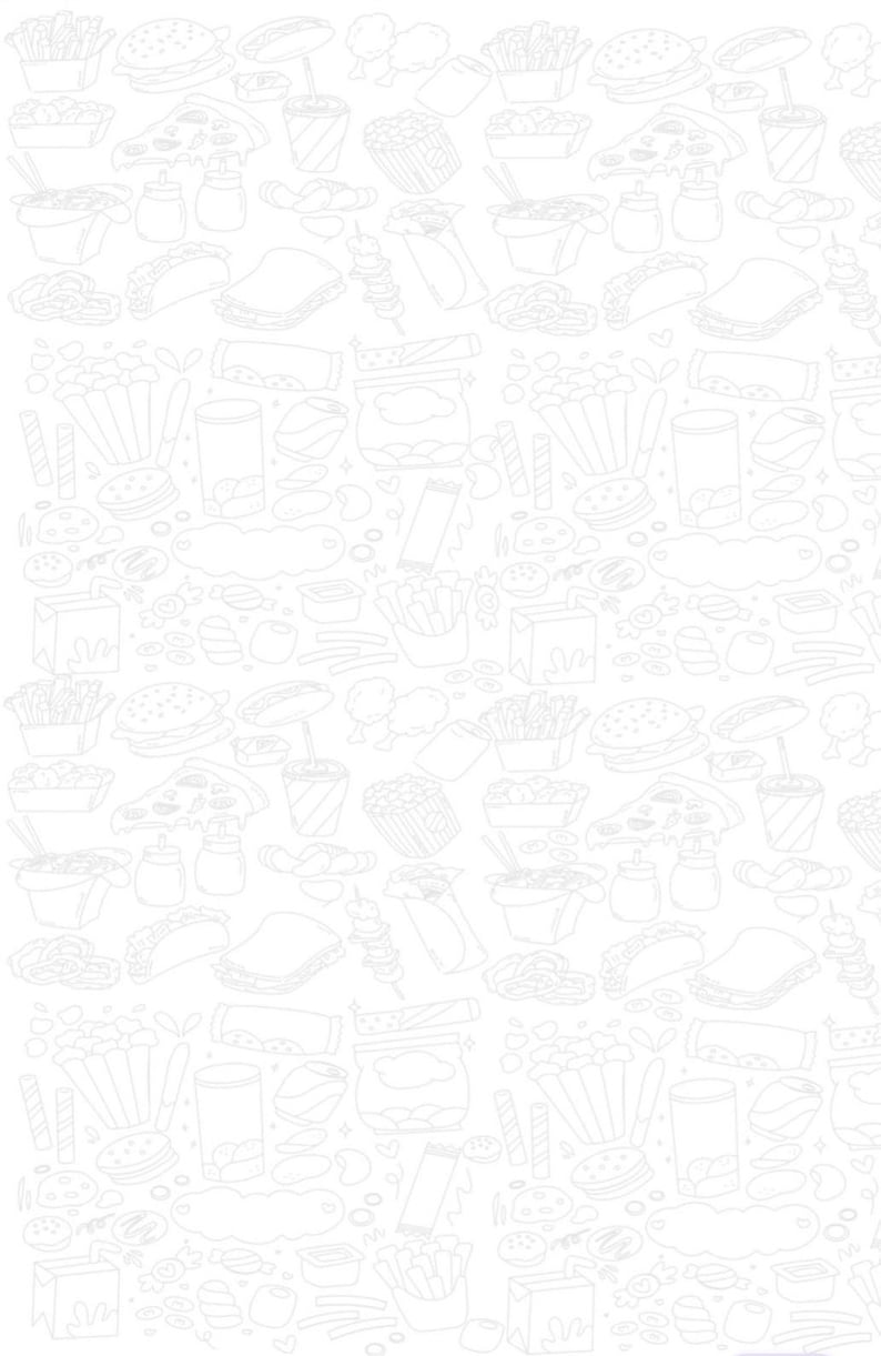 May include: A white line art pattern featuring various fast food items. The design includes burgers, fries, pizza slices, hot dogs, tacos, sandwiches, popcorn, and drinks. The overall theme is a food-related design.