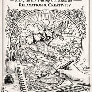 Op de afbeelding: Zwart-wit illustratie voor "INK & FLOW", een digitale inkt tracing collectie. De afbeelding toont een schildpad, bloemen en een kolibrie. De tekst "A Digital Ink Tracing Collection for Relaxation & Creativity" en "Volume I: Relax & Create" is inbegrepen.