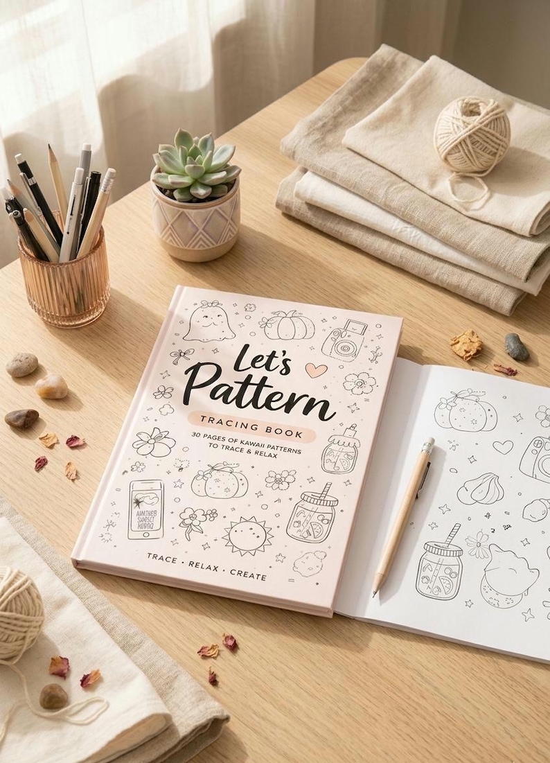May include: A pink tracing book titled "Let's Pattern" with kawaii patterns, open to a blank page with a pencil. The book is on a wooden table with a succulent, pencils, and linen cloths.