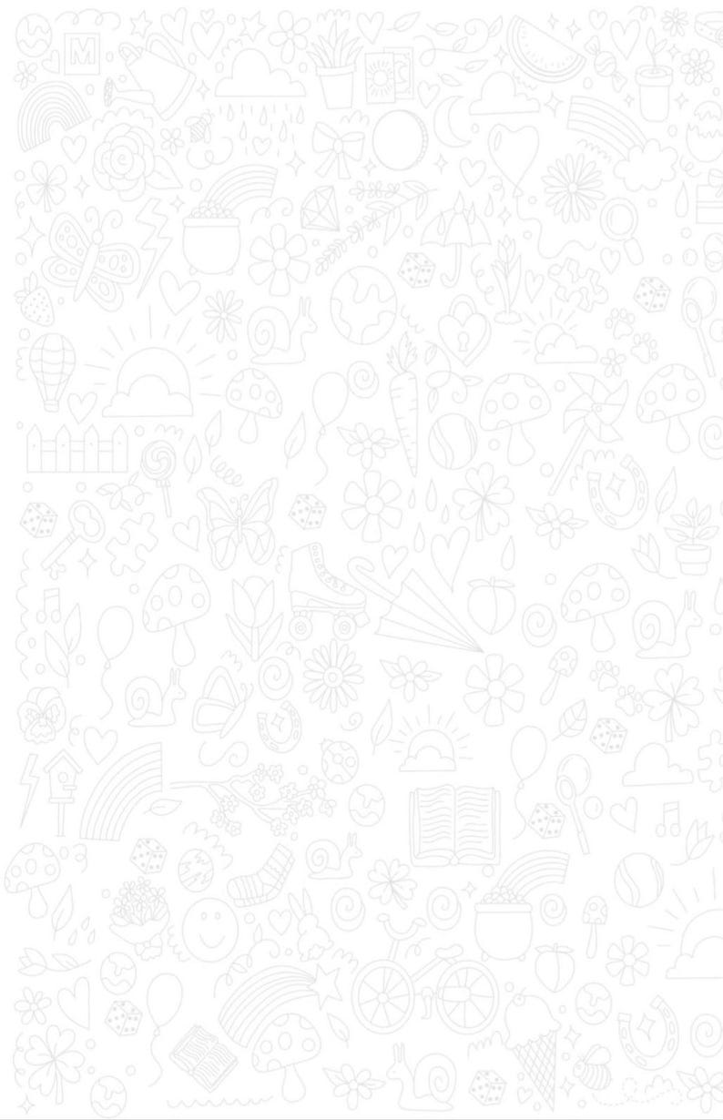 May include: A white background filled with various line art illustrations. The drawings include a rainbow, butterfly, mushroom, roller skate, heart, and other whimsical elements. The overall theme is playful and decorative.