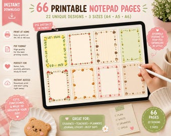 66 Printable Notepad Pages | 22 Cozy Kawaii Designs | A4 A5 A6 PDF | Printable Stationery