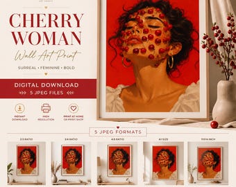 Cherry Woman Wall Art | Surreal Feminine Portrait | Digital Download