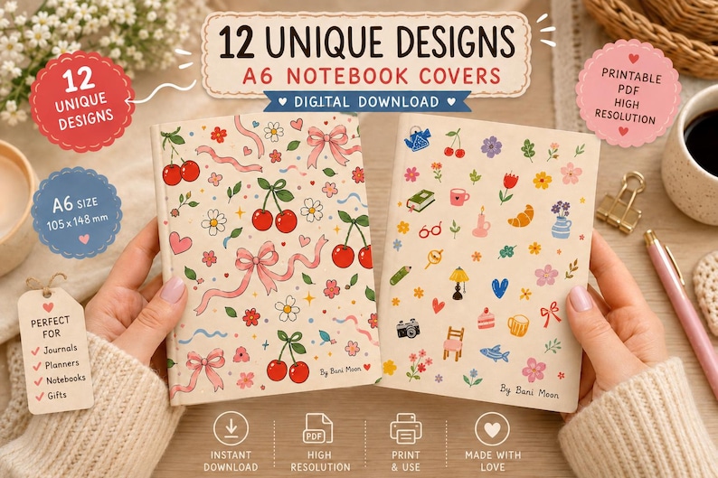 12 Cute Cozy A6 Notebook Covers Bundle | Printable Journal Covers ...