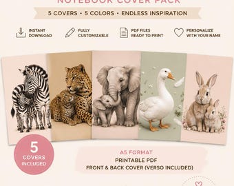 A5 Animal Notebook Covers Bundle | 5 Printable PDF Designs (Personalized)