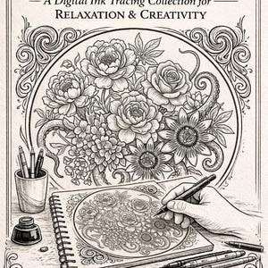Op de afbeelding: Illustratie voor "INK & FLOW", een digitale inktcollectie. De afbeelding toont bloemmotieven, een handschets en de tekst "RELAXATION & CREATIVITY". Inclusief pennen, inkt en de tekst "Volume II: Explore & Connect."