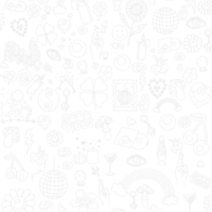 May include: White line art pattern featuring various retro and whimsical elements. Includes rainbows, flowers, mushrooms, disco balls, and the words "Good Vibes". The design is repeated across the surface.
