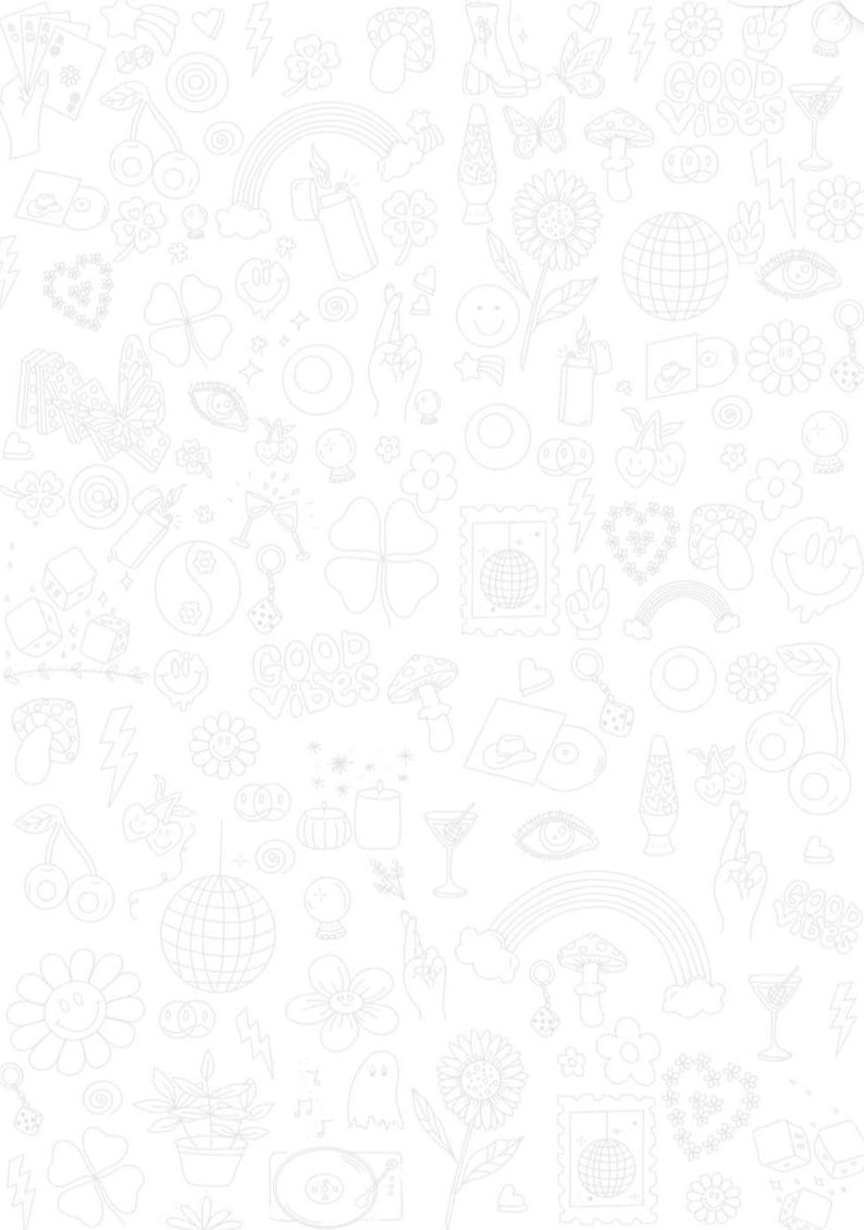 May include: White line art pattern featuring various retro and whimsical elements. Includes rainbows, flowers, mushrooms, disco balls, and the words "Good Vibes". The design is repeated across the surface.