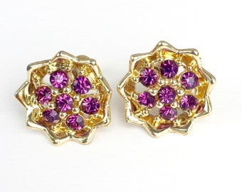 Amethyst Rhinestone Screw back Earrings | Gorgeous gold and purple vintage earrings | February Birthstones