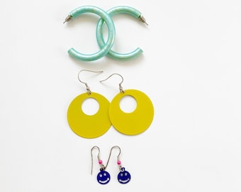 Fun 80s 90s Earrings | lot of 3 Pairs | Hoop earrings, dangle yellow earrings, smiley face earrings | bright fun earring set