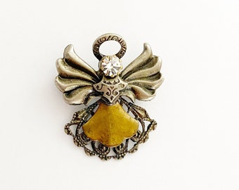 Vintage Angel Pin | Pewter and bronze rhinestone Angel brooch | rustic pretty filigree Angel pin | guardian angel pin |jean jacket pin swag