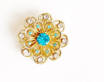 Beautiful CORO Flower Brooch | Vintage Signed Coro Flower sunburst Pin | Turquoise Crystal & Gold Designer Pin