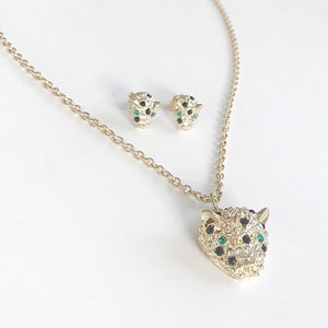 Vintage Demi Parure Rhinestone Jaguar Necklace And Stud Earrings Set | Gorgeous Gold Sparkling Leopard Jewelry