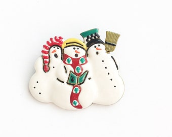 Vintage hand painted Snowmen Brooch | Jolly Christmas Caroling Snowman Pin | Lovely hand painted Vintage Christmas Brooch!