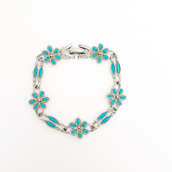 Vintage Needlepoint Faux Turquoise Flower bracelet | Southwestern Zuni Style Turquoise Silver Bracelet | Native American Coastal cowgirl