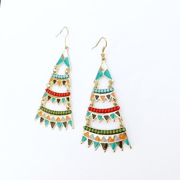 Bohemian statement enamel earrings | Boho chic tribal large dangle earrings | gold and bold color enamel earrings | articulating earrings