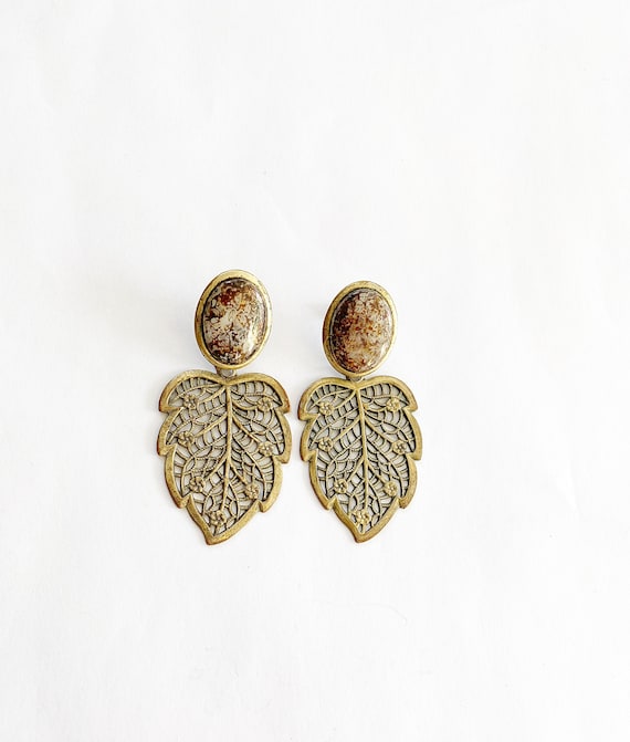 Vintage Leopard Skin Stone Leaf Dangle Earrings - image 1