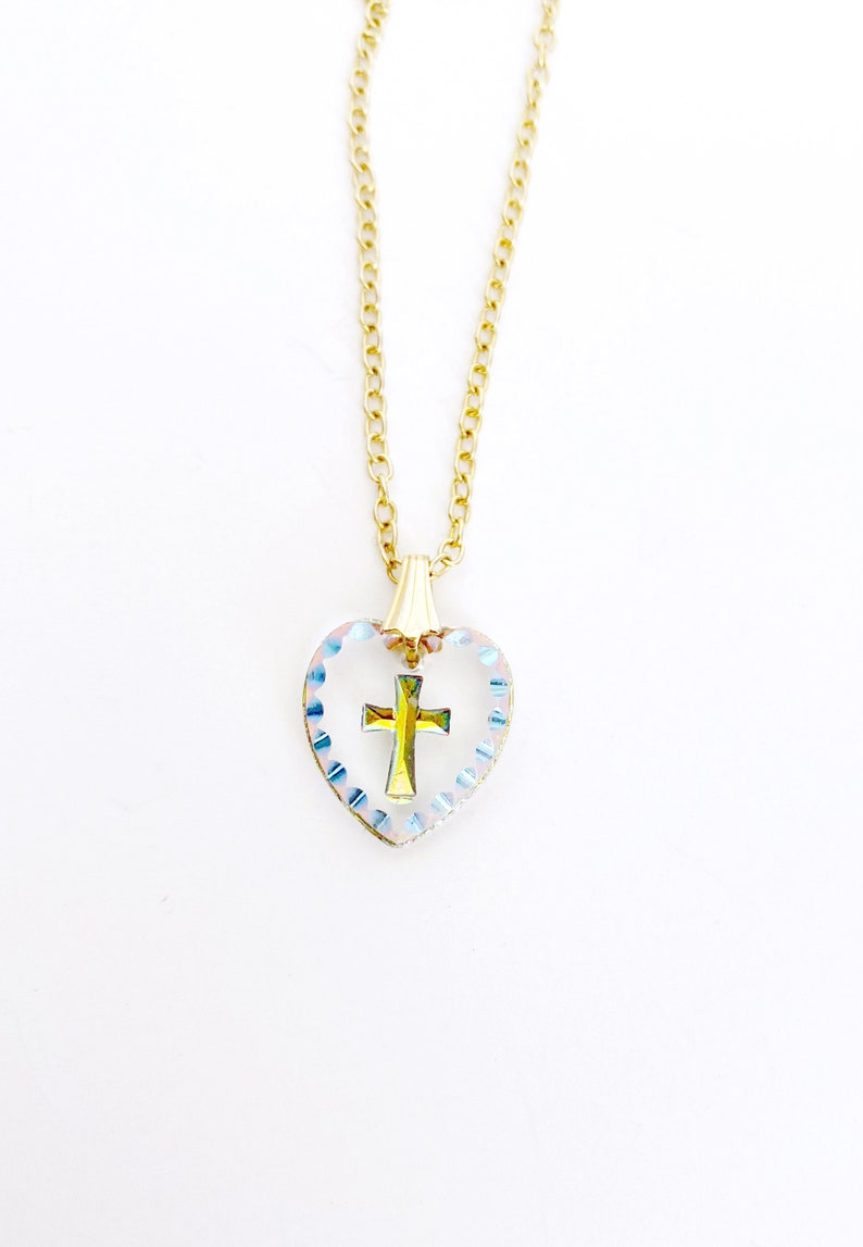 Intaglio Cross Heart Pendant Necklace Etched Glass Heart Etsy