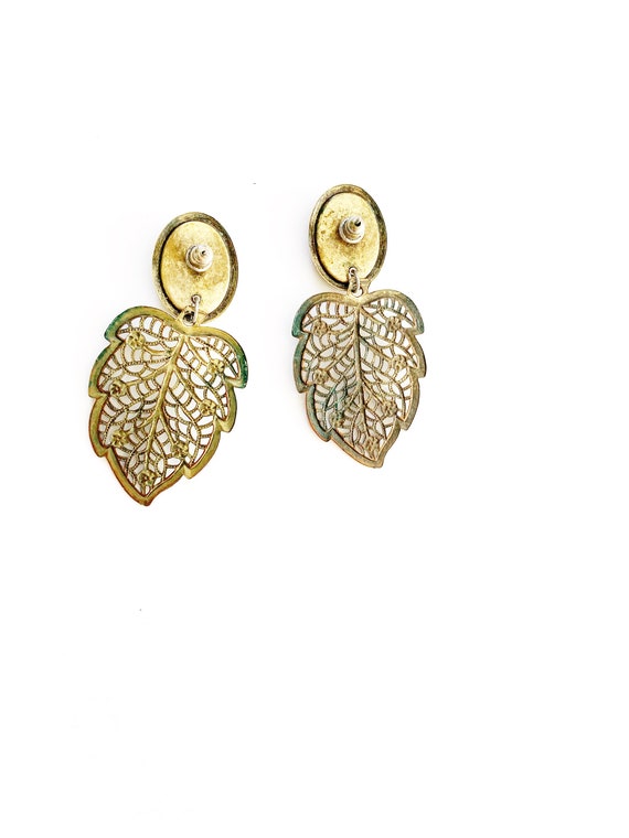 Vintage Leopard Skin Stone Leaf Dangle Earrings - image 2