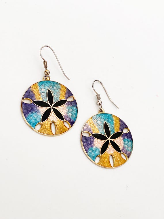 Vintage Cloisonné Enamel Sand Dollar Earrings: 1980s Japanese Jewelry