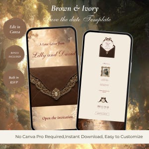 Könnte beinhalten: Zwei Smartphones zeigen eine Save-the-Date-Vorlage in Braun und Elfenbein. Der linke Bildschirm zeigt einen Umschlag mit dekorativem Verschluss und den Text A Love Letter from Lilly and David. Der rechte Bildschirm zeigt Details und einen Countdown.