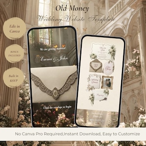 Könnte beinhalten: Zwei Smartphones zeigen eine Hochzeits-Website-Vorlage in Creme- und Goldtönen. Die Bildschirme zeigen Text, darunter Old Money Wedding Website Template, We are getting married, Emma & John, Save the Date, Our Story, Wedding Details und Registry.
