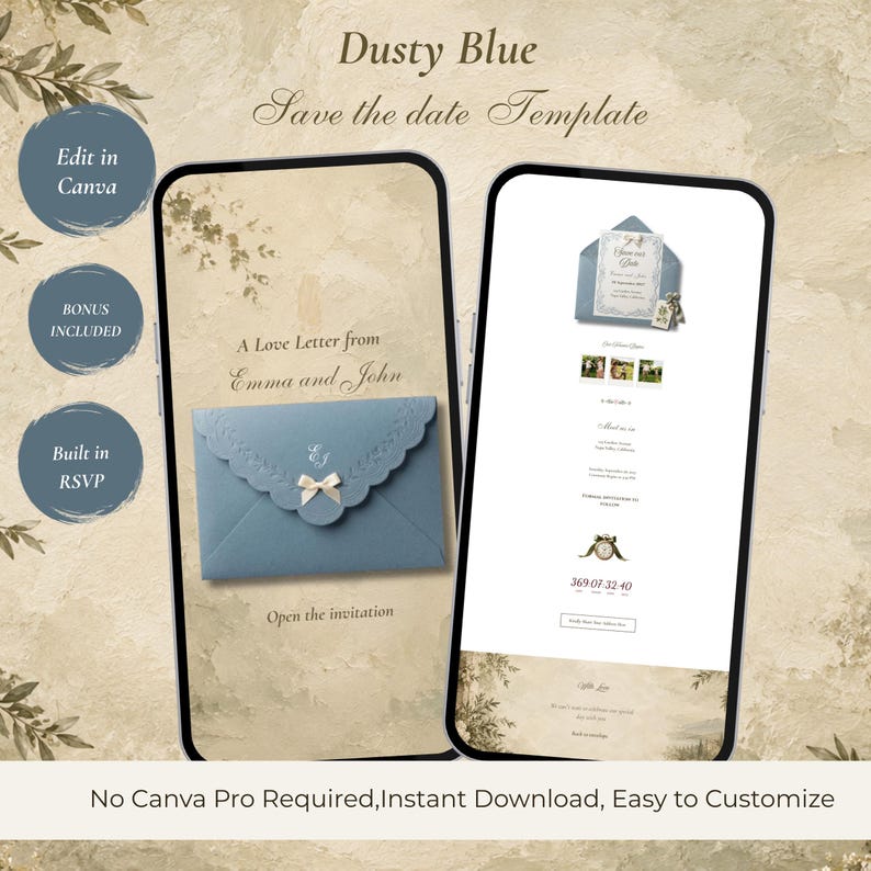 Dusty Blue Save the Date Wedding Website Template, Canva Editable ...