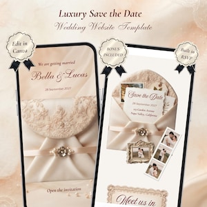 Könnte beinhalten: Eine digitale Hochzeits-Website-Vorlage auf zwei Smartphones, mit cremefarbenen Umschlägen, Spitzendetails, Perlenakzenten und dem Text Luxury Save the Date, Bella & Lucas, 28 September 2027 sowie Open the invitation.