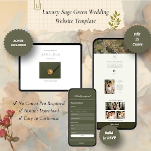 Könnte beinhalten: Eine digitale Hochzeits-Website-Vorlage in Salbeigrün mit einem Tablet und zwei Smartphones, die Einladungsseiten, RSVP-Formulare und Fotogalerien zeigen. Der Text umfasst Luxury Sage Green Wedding Website Template, Bonus Included, Edit in Canva und Build in RSVP.