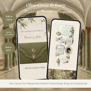 Könnte beinhalten: Zwei Smartphone-Bildschirme mit einer Hochzeits-Website-Vorlage in Olivgrün und Elfenbein. Die Bildschirme zeigen Text, darunter "Olive Green & Ivory Wedding Website Template," "Emma & John," "Click the envelope to begin," und "Our Story."