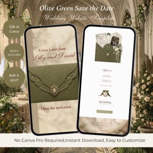 Könnte beinhalten: Zwei Smartphones zeigen eine Hochzeits-Website-Vorlage in Olivgrün. Die Bildschirme zeigen eine Umschlag-Grafik mit Spitzendetails, den Text A Love Letter from Lilly and David, einen RSVP-Bereich und einen Countdown-Timer für die Hochzeit.
