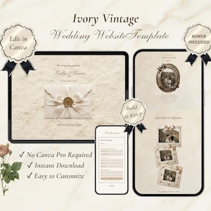 Könnte beinhalten: Eine elfenbeinfarbene Vintage-Hochzeitswebsite-Vorlage auf einem Tablet- und Smartphone-Bildschirm. Das Design zeigt einen Umschlag mit Wachssiegel, Fotorahmen und ein RSVP-Formular. Text: Ivory Vintage Wedding Website Template.