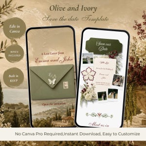 Könnte beinhalten: Zwei Smartphones zeigen eine Olive and Ivory Save the Date Vorlage. Die Bildschirme zeigen einen olivgrünen Umschlag mit Schmetterlingssiegel und eine Hochzeitseinladung mit Blumenakzenten, Fotos und dem Text Save our Date.