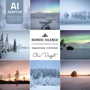 Könnte beinhalten: Neun Winterlandschaftsfotos mit schneebedeckten Bäumen, gefrorenen Seen und einer Hütte. Das obere linke Bild zeigt den Text "AI ADAPTIVE" und "ADOBE LIGHTROOM CLASSIC/WEB & PHOTOSHOP". Das mittlere Bild enthält den Text "NORDIC SILENCE LIGHTROOM PRESETS PACKS".