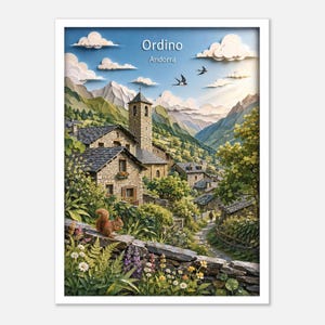 Könnte beinhalten: Ein gerahmter Wandkunstdruck mit dem Titel Ordino Andorra, der eine Landschaft im Scherenschnitt-Stil zeigt: ein Steindorf mit Glockenturm, Berge, grüne Bäume, ein rotes Eichhörnchen auf einer Steinmauer, Wildblumen und Vögel unter blauem Himmel.
