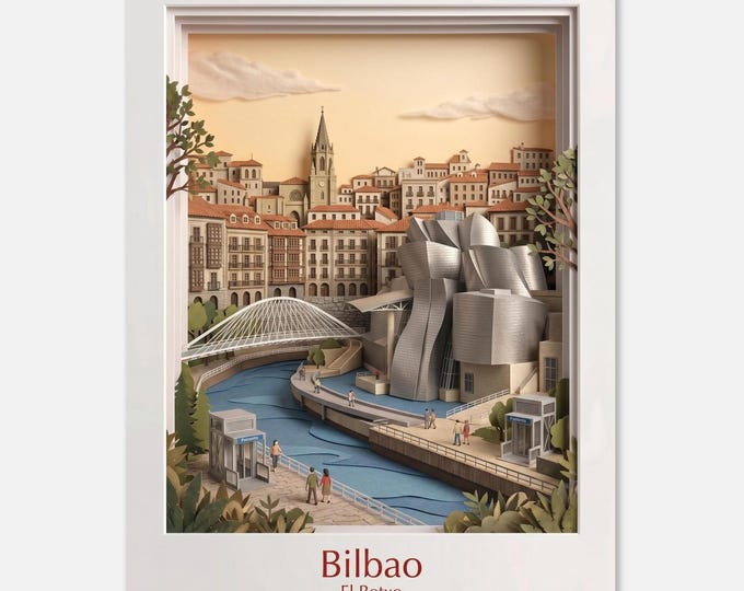 BILBAO Poster El Botxo – Guggenheim Museum 3D Paper Cut Art – Wall Mural Spain Architecture Diorama – Art Poster Basque Country