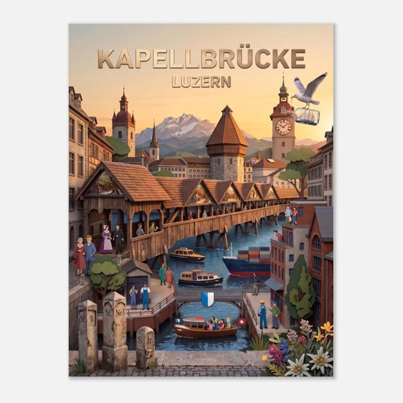 LUCERNE - Switzerland Travel Poster Print Art Wall Chapel Bridge