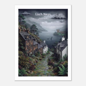 Könnte beinhalten: Ein gerahmter Kunstdruck, der einen steinernen Dorfweg zum Loch Ness in Schottland zeigt. Die Szene umfasst Steinhäuser, üppiges Grün, eine Burg in der Ferne und ein Wesen im Wasser unter einem bewölkten Himmel mit dem Text Loch Ness Scotland.